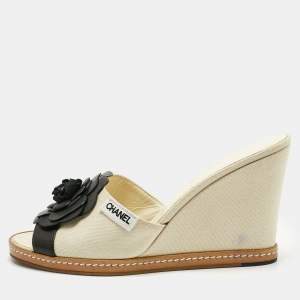 Chanel Cream/Black Canvas and Leather Camelia Wedge Sandals Size 40.5