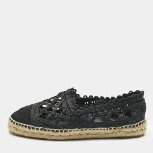Pre Owned Chanel Black Canvas and Straw CC Espadrille Flats Size 38