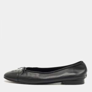 Pre Owned Chanel Black Leather CC Cap Toe Ballet Flats Size 39