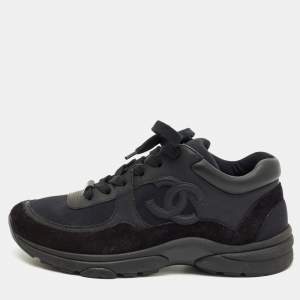 Pre Owned Chanel Black Neoprene and Suede CC Low Top Sneakers Size 37