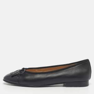 Pre Owned Chanel Black Leather CC Cap Toe Ballet Flats Size 36