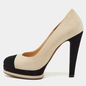 Pre Owned Chanel Beige/Black Suede CC Cap Toe Platform Pumps Size 37.5