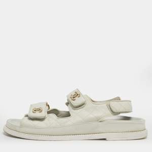 Pre Owned Chanel Grey Leather CC Dad Slingback Sandals Size 38