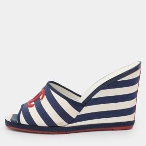 Pre Owned Chanel Blue/White Stripe Fabric CC Slide Wedge Sandals Size 39.5