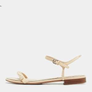 Pre Owned Chanel Cream Leather Pearl Embellish Ankle Strap Flat Sandals Size 37