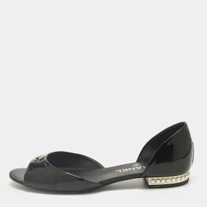 مملوكة مسبقًا Chanel Black Patent Leather Open Toe  Ballet Flats Size 38.5