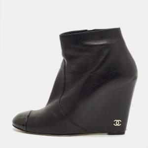 Pre Owned Chanel Black Leather CC Cap Toe Wedge Boots Size 39