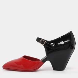 Pre Owned Chanel Red/Black Patent Leather Mary Jane Wedge Pumps Size 38