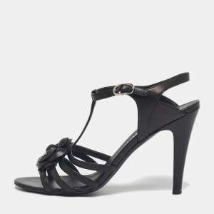 Pre Owned Chanel Black Leather Camellia Ankle Strap Sandals Size 37.5