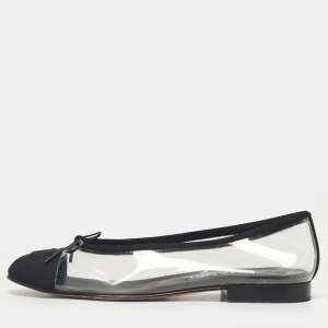 Pre Owned Chanel Black/Transparent PVC and Canvas CC Cap Toe Bow Ballet Flats Size 38