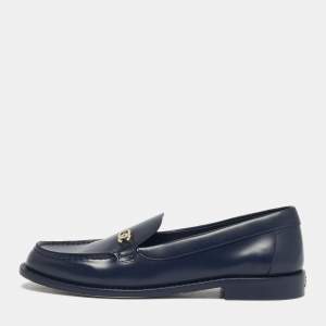 Pre Owned Chanel Navy Blue Leather CC Logo Slip On Loafers Size 38