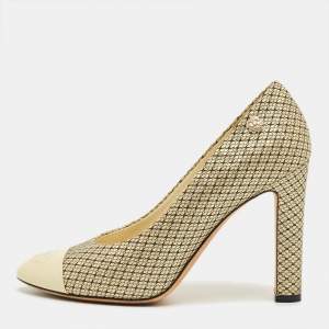 Pre Owned Chanel Beige Mesh and Patent Leather CC Cap Toe Pumps Size 37.5
