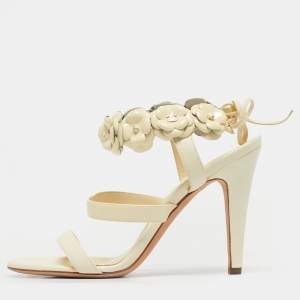 Pre Owned Chanel Cream Leather and Patent Leather Camellia Ankle Tie Sandals Size 36.5