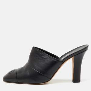 Pre Owned Chanel Black Leather CC Cap Toe Mules Size 39