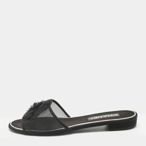 Pre Owned Chanel Black Mesh Flower Embellished Flat Slides Size 40