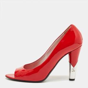 Pre Owned Chanel Red Patent Leather CC Peep Toe Pumps Size 38.5
