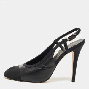 Pre Owned Chanel Black Leather and Canvas CC Cap toe Slingback Pumps Size 38