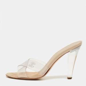 Pre Owned Chanel Transparent Cross Strap PVC CC Slide Sandals Size 38
