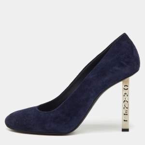 Pre Owned Chanel Navy Blue Suede Round Toe Logo Metal Heel Pumps Size 39