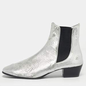 Pre Owned Chanel Silver/Black Leather Ankle Length Boots Size 40