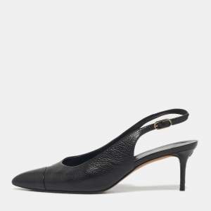 Pre Owned Chanel Black Leather CC Cap toe Slingback Pumps Size 40.5
