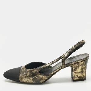 Pre Owned Chanel Black/Gold Canvas and Leather CC Cap Toe Slingback Pumps Size 37