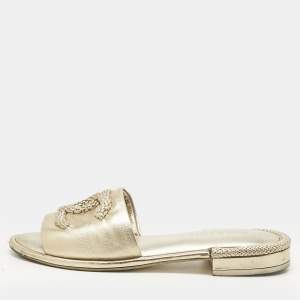Pre Owned Chanel Gold Leather CC Flat Slides Size 38.5