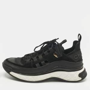 Pre Owned Chanel Black Neoprene and Suede CC Low Top Sneakers Size 39