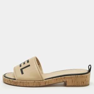 Pre Owned Chanel Beige Logo Leather Cork Slide Sandals Size 39.5