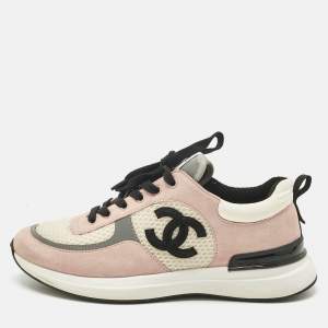 Pre Owned Chanel Pink Mesh and Suede CC Lace Up Sneakers Size 38