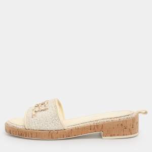 Pre Owned Chanel Ivory Tweed and Leather Chain Detail Cork Slide Sandals Size 39.5