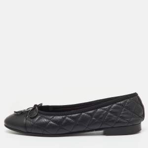 Pre Owned Chanel Black Quilted Leather CC Cap Toe Bow Ballet Flats Size 36.5