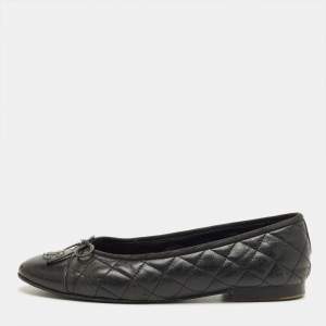 Pre Owned Chanel Black Cannage Leather CC Cap Ballet Flats Size 40