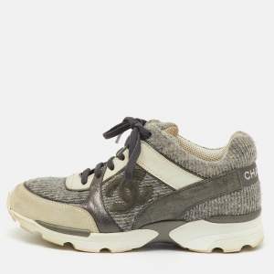 Pre Owned Chanel Grey/White Tweed, Suede and Leather Low Top CC Sneakers Size 35.5
