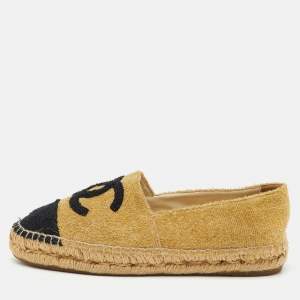 Pre Owned Chanel Metallic Gold/Black Tweed CC Espadrille Flats Size 37