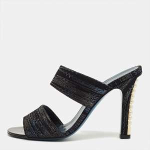 Pre Owned Chanel Black Printed Suede Pearl Embellished Slide Sandals Size 38