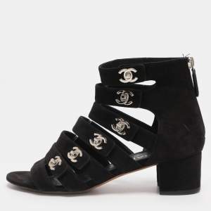 Pre Owned Chanel Black Suede CC Gladiator Sandals Size 36