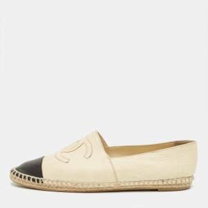 Pre Owned Chanel Beige Leather CC Cap Toe Espadrille Flats Size 37