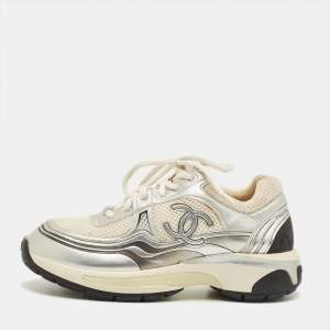 Pre Owned Chanel Tricolor Leather and Mesh CC Lace Up Sneakers Size 36