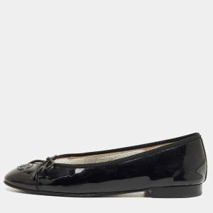 Pre Owned Chanel Black Patent Leather CC Cap Toe Bow Ballet Flats Size 37
