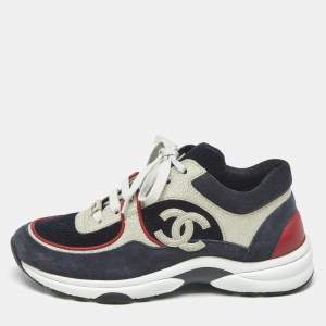 Pre Owned Chanel Multicolor Leather And Suede CC Logo Lace Up Sneakers Size 36