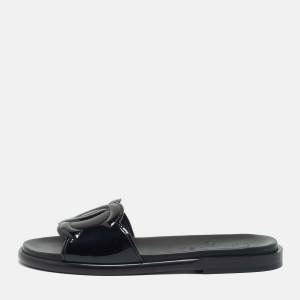 Pre Owned Chanel Black Patent Leather CC Logo Flat Slides Size 36