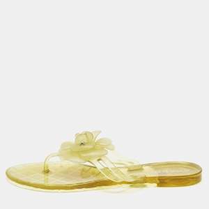 Pre Owned Chanel Yellow Jelly CC Camellia Flat Sandals Size 37