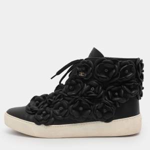 Pre Owned Chanel Black CC Camellia Lace High Top Sneakers Size 40