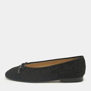 Pre Owned Chanel Black Lace CC Bow Cap Toe Ballet Flats Size 36
