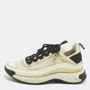 Pre Owned Chanel Grey/White Fabric and Leather CC Lace Up Sneakers Size 36.5