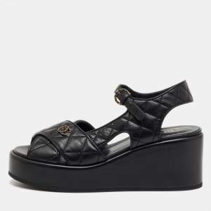Pre Owned Chanel Black Quilted Leather CC Logo Platform Wedge Sandals Size 39.5