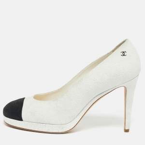Pre Owned Chanel White/Black Nubuck Leather Platform Pumps Size 40.5
