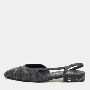 Pre Owned Chanel Grey Denim CC Cap Toe Slingback Flats Size 37