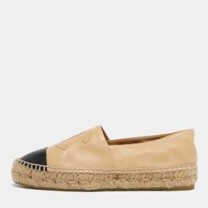 Pre Owned Chanel Beige/Black Leather Interlocking CC Logo Espadrilles Size 38